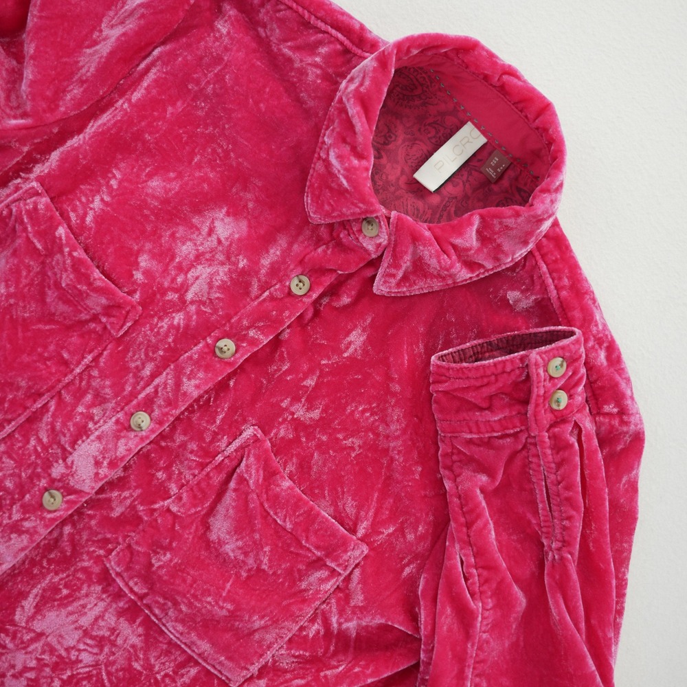 Pilcro‎ Anthropologie Hot Pink Crushed Velvet Button Down Shirt Pockets US 0